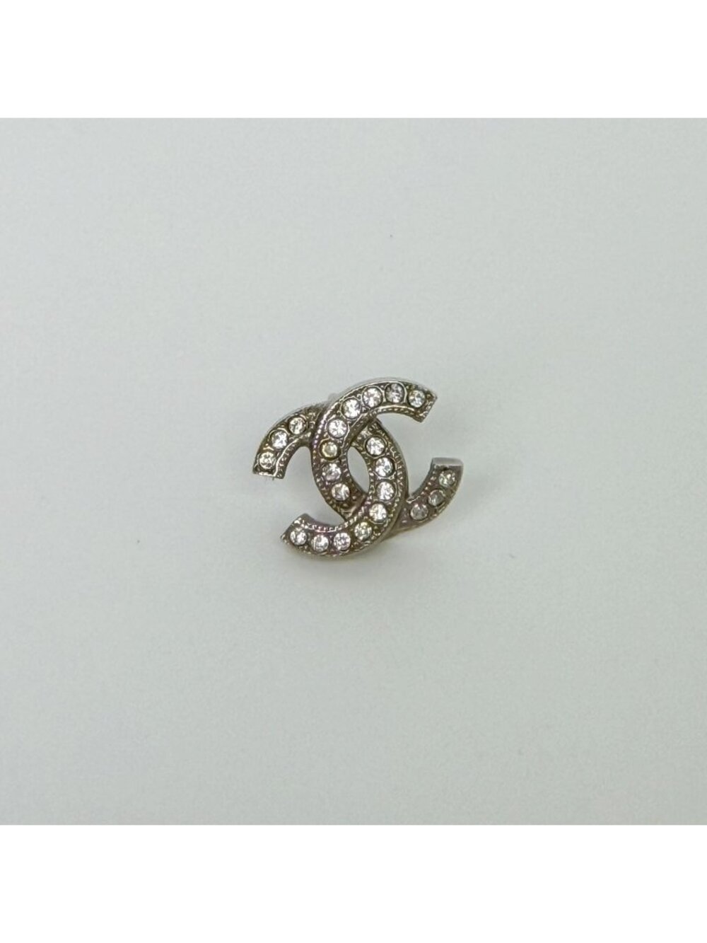 Chanel CC Logo Rhinestone Stud Single Pierced Earrings Plated Silver Vintage